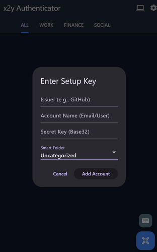 x2y Authenticator Add Account Dialog