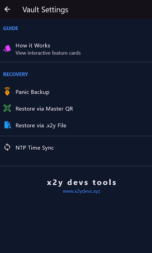 x2y Authenticator Vault Settings and Recovery Options