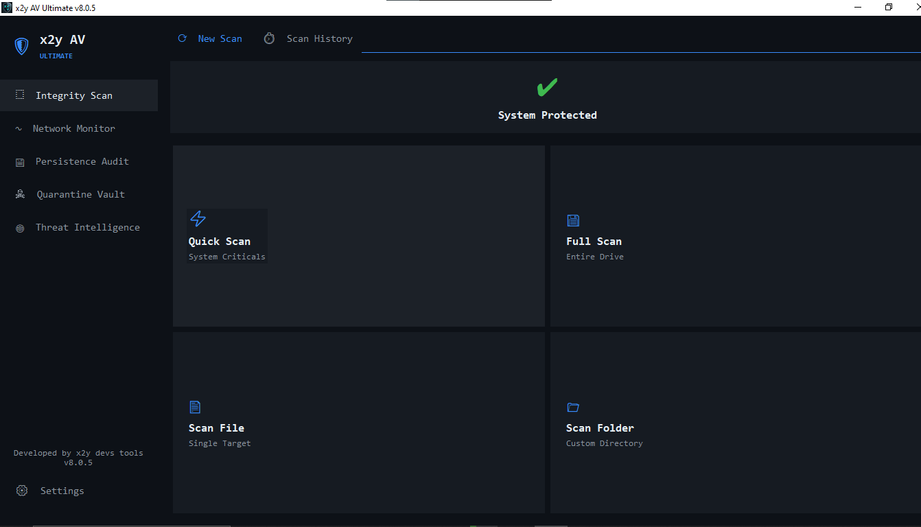 x2y AV Ultimate Dashboard - System Protected status with scan options