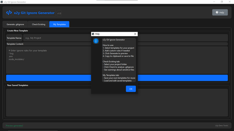 x2y GitIgnore Generator - Help Dialog