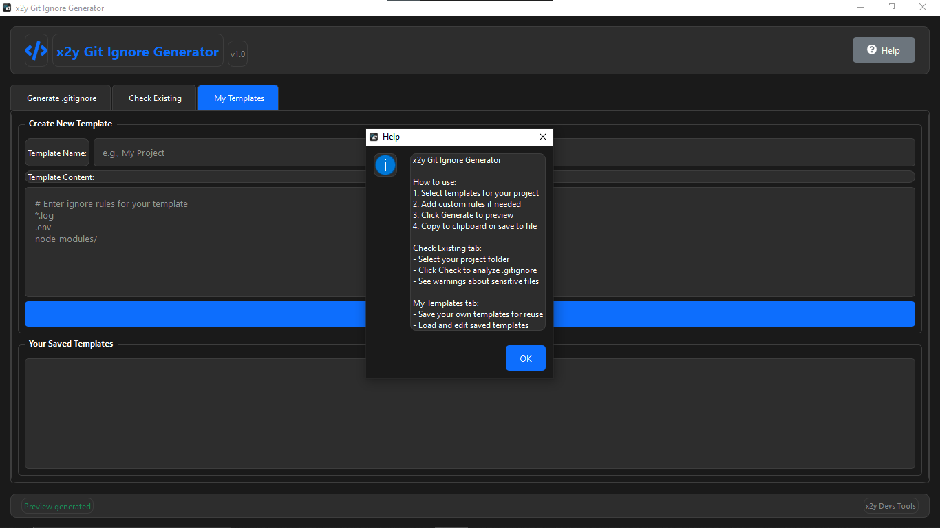 x2y GitIgnore Generator - Help Dialog